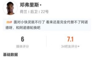 邓弗里斯本场4射2正+15丢失球权 7传中2成功+7VS抗3成功 仅获6分直播_免费观看入口_赛后录像回放