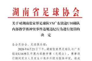 湖南省足协公布对张家界队处罚：一球员禁赛1年，三球员禁赛半年