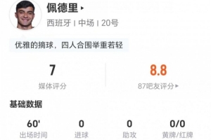 佩德里本场0射门+1关键传球 9对抗7成功 3抢断3造犯规 获评7分-ct